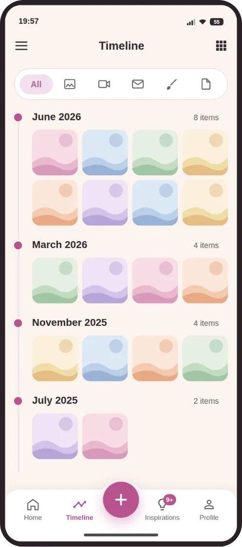 Linha do tempo em mosaico, organizada por mês