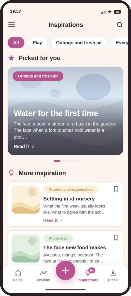Tela de inspirações com sugestões de momentos para registrar