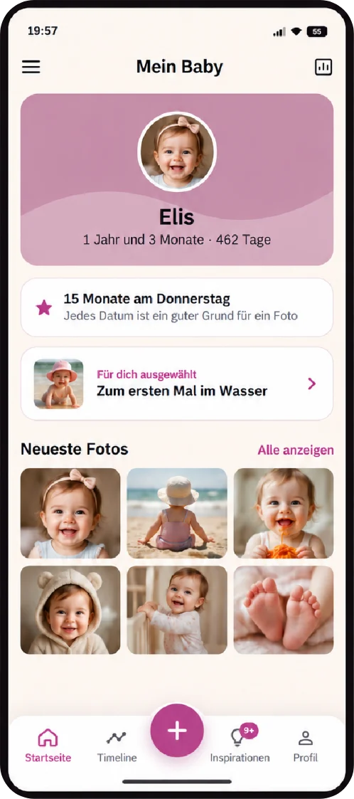 Startseite mit Name, Alter und neuesten Fotos des Kindes