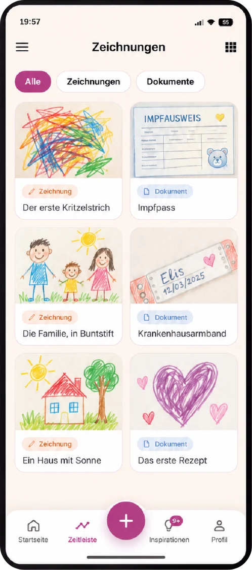 Zeichnungen und Dokumente nebeneinander