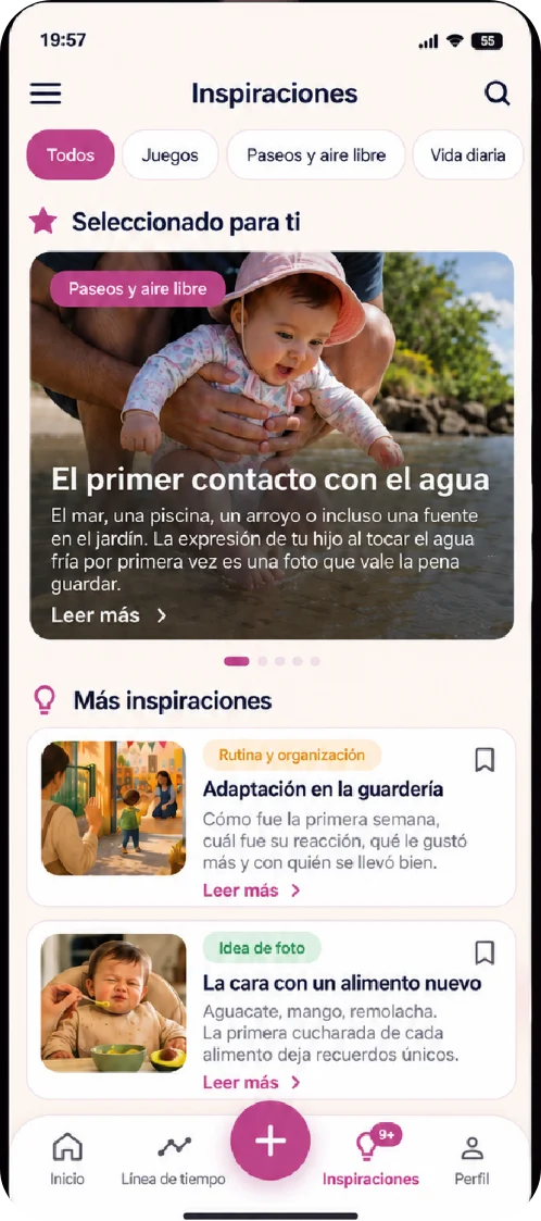 Pantalla de inspiraciones con sugerencias de momentos