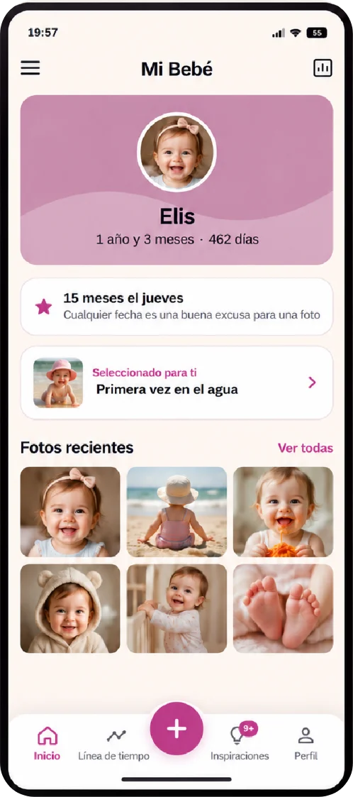 Pantalla de inicio con el nombre, la edad y las fotos recientes