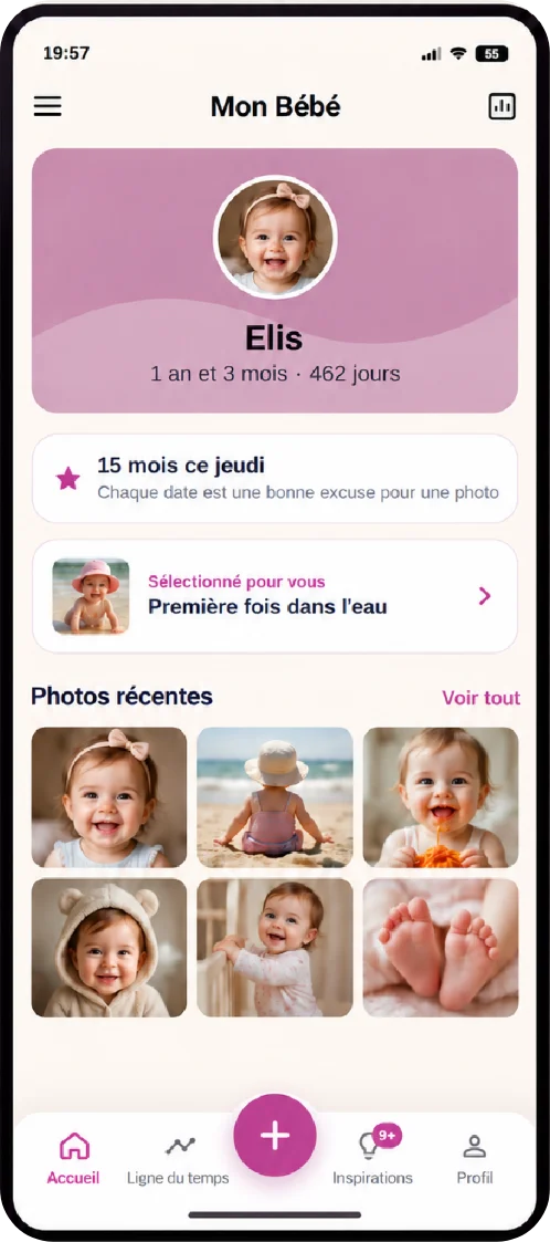 Écran d'accueil avec le prénom, l'âge et les photos récentes