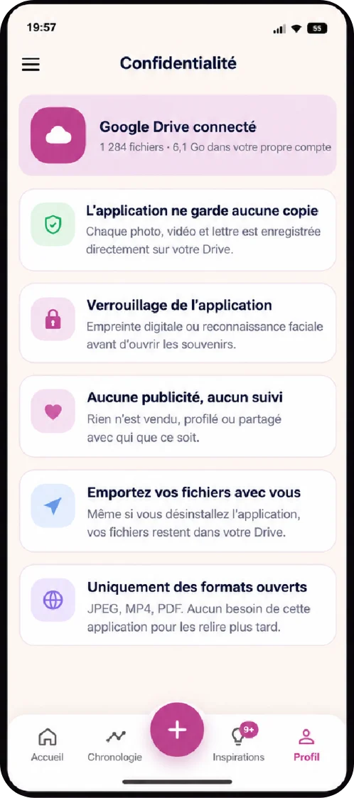 Écran de confidentialité avec Google Drive connecté