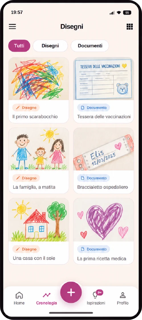 Disegni e documenti uno accanto all'altro