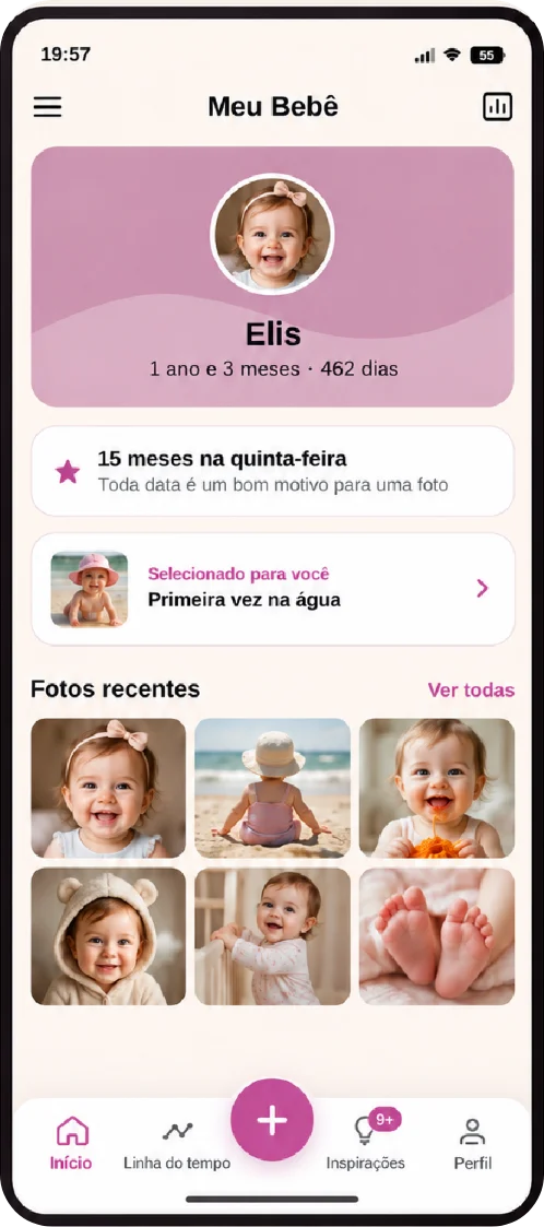 Tela inicial com o nome e a idade da criança e as fotos recentes